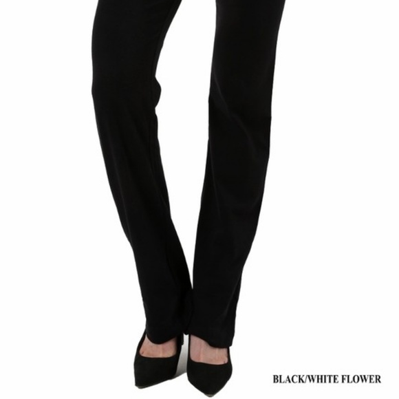 Black Floral Fold Over Stretch Yoga Pants Leggings - Picture 6 of 8